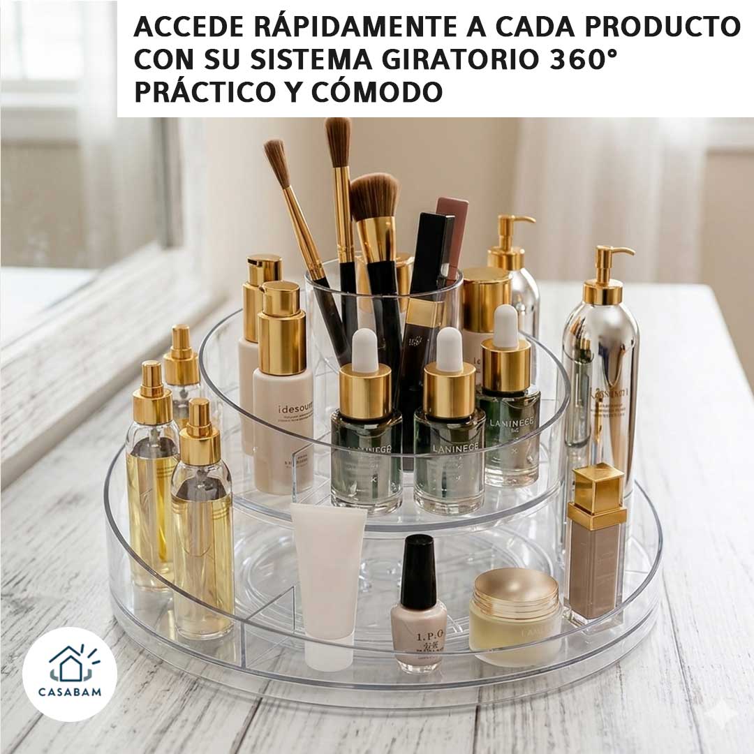 Organizador Transparente Giratorio de Maquillaje – Protege y organiza tus productos – Encuentra todo en segundos cada mañana