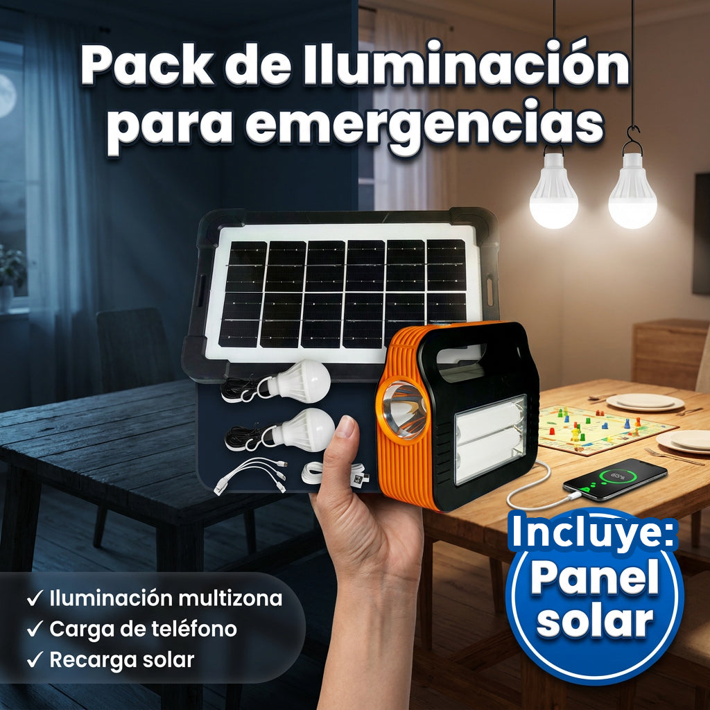 Pack de Iluminación para emergencias - Adiós a los Apagones – Kit Solar con 2 Ampolletas y Carga USB