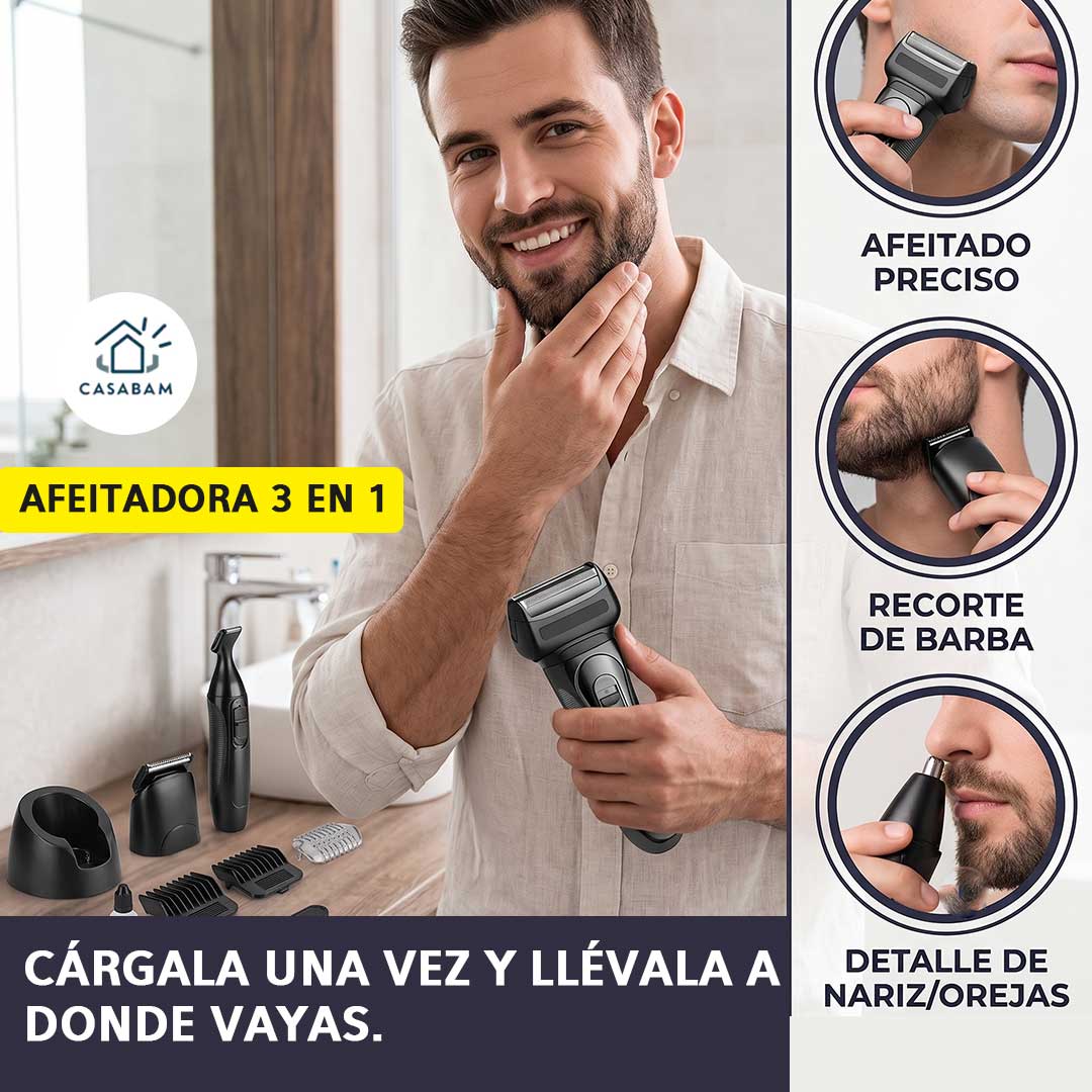 Afeitadora 3 en 1 - Afeita, corta pelo y vello nasal - Todo en un solo aparato sin cables, donde quieras que estés