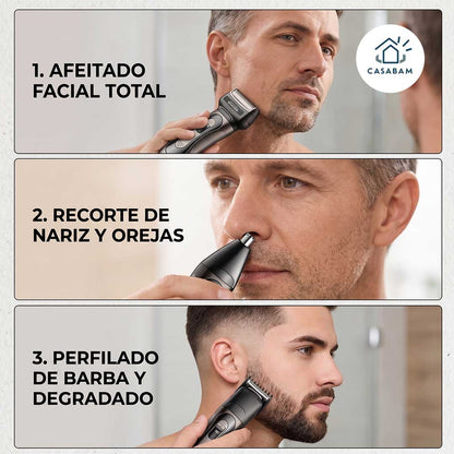 Afeitadora 3 en 1 - Afeita, corta pelo y vello nasal - Todo en un solo aparato sin cables, donde quieras que estés