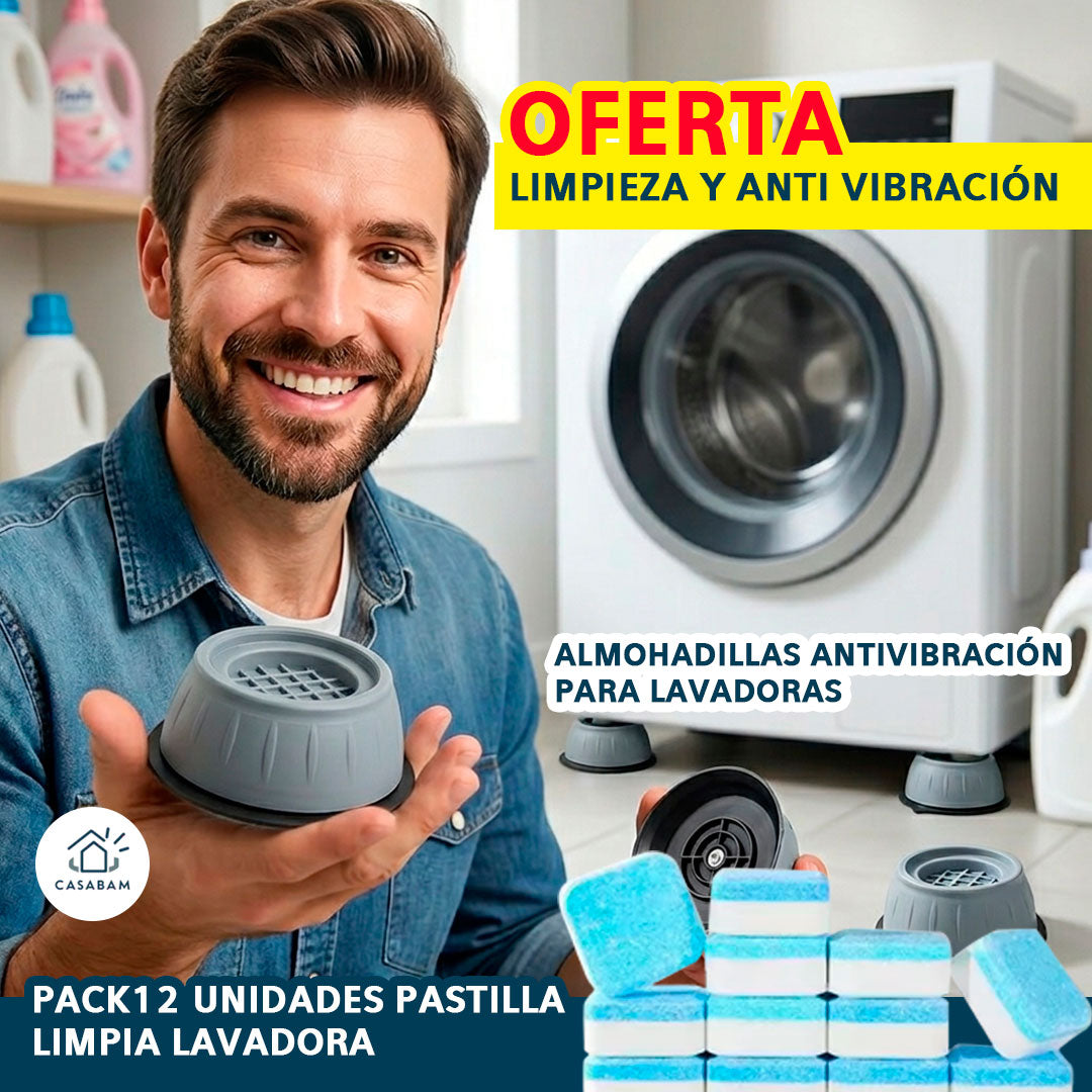 Pack Almohadilla Antivibracion + 12 Pastillas limpieza / Evita desplazamientos peligrosos - Protege tu lavadora y mantenla impecable