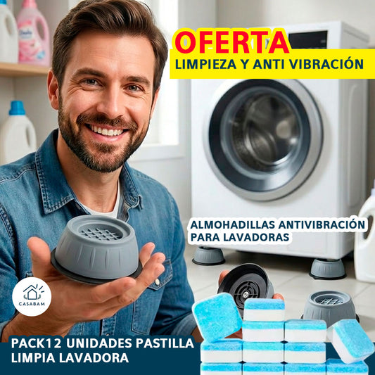 Pack Almohadilla Antivibracion + 12 Pastillas limpieza / Evita desplazamientos peligrosos - Protege tu lavadora y mantenla impecable