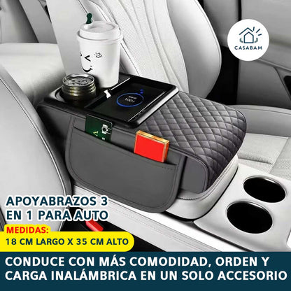 Apoyabrazos 3 en 1 para Auto – Aumenta comodidad y orden interior – Moderniza tu conducción, organización y carga inalámbrica en segundos