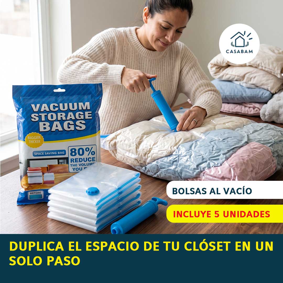 Bolsas al Vacío - Sellan y comprimen ropa, edredones y mantas - Duplica el espacio de tu clóset en un solo paso
