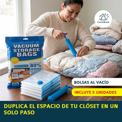 Bolsas al Vacío - Sellan y comprimen ropa, edredones y mantas - Duplica el espacio de tu clóset en un solo paso