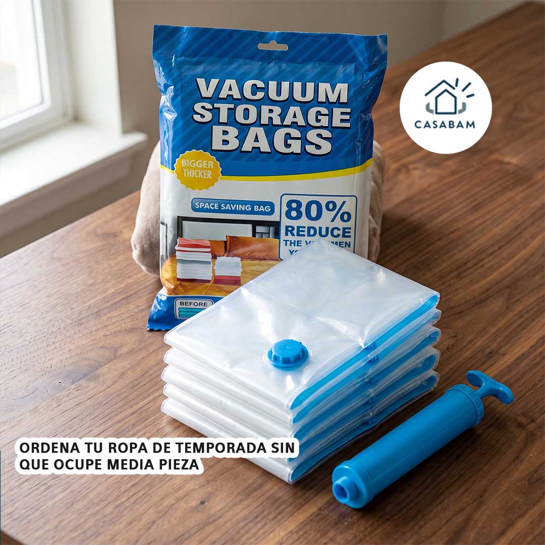 Bolsas al Vacío - Sellan y comprimen ropa, edredones y mantas - Duplica el espacio de tu clóset en un solo paso