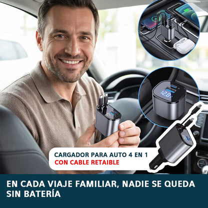 Cargador para Auto 4 en 1, 120w - Carga simultánea con cables retráctiles - No te quedes sin batería mientras vas manejando