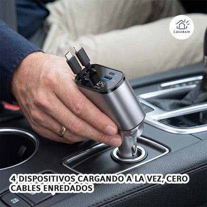 Cargador para Auto 4 en 1, 120w - Carga simultánea con cables retráctiles - No te quedes sin batería mientras vas manejando