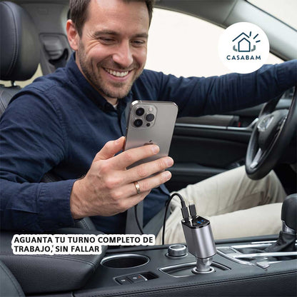 Cargador para Auto 4 en 1, 120w - Carga simultánea con cables retráctiles - No te quedes sin batería mientras vas manejando