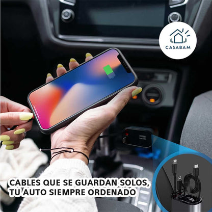 Cargador para Auto 4 en 1, 120w - Carga simultánea con cables retráctiles - No te quedes sin batería mientras vas manejando