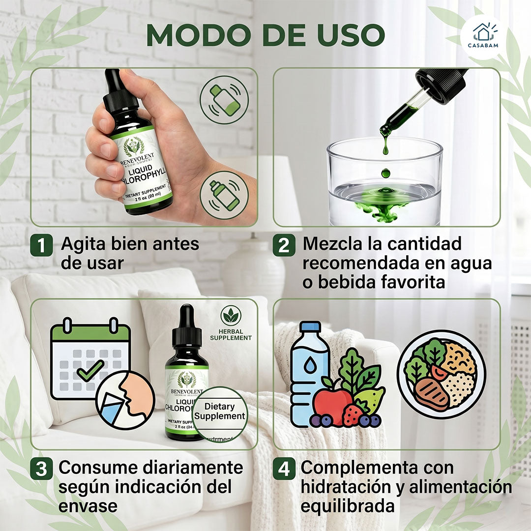 Clorofila Benevolent - Líquida Energizante - Elimina lo que te agota por dentro y siéntete activa desde el primer día