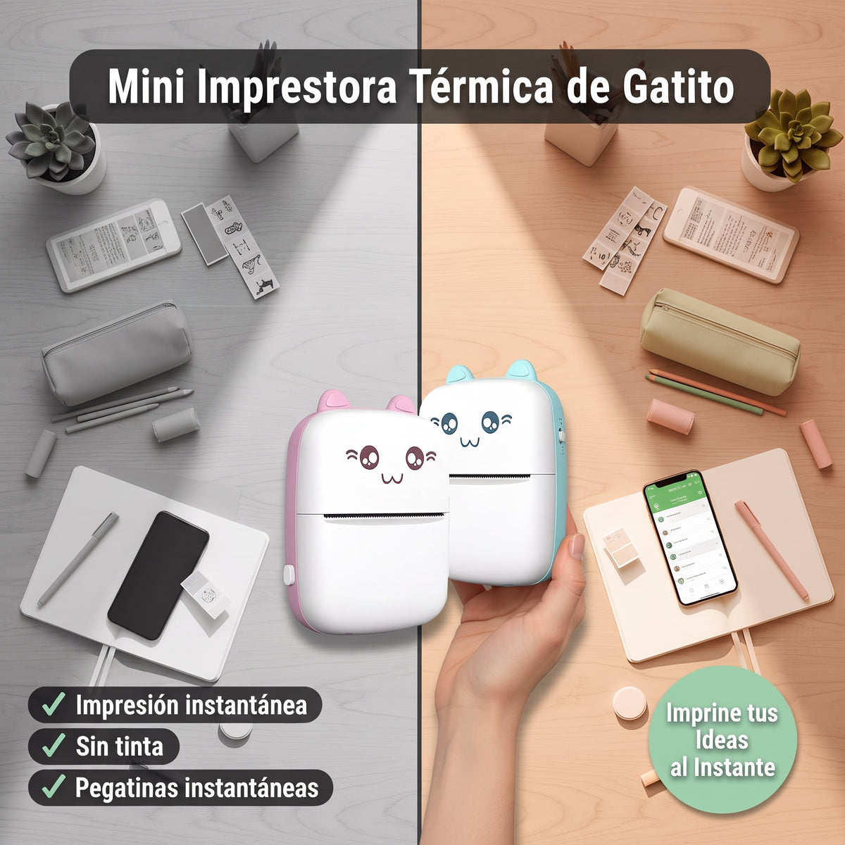 Mini Impresora Térmica de Gatito - Impresión por Bluetooth, Etiquetas y Dibujos - Imprime tus Ideas al Instante sin tinta