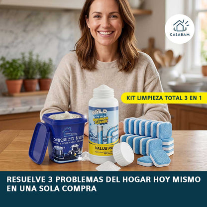 Kit Limpieza Total 3 en 1 - Limpia a fondo lavadora, cañerías y ollas - sin pagar técnico ni plomero