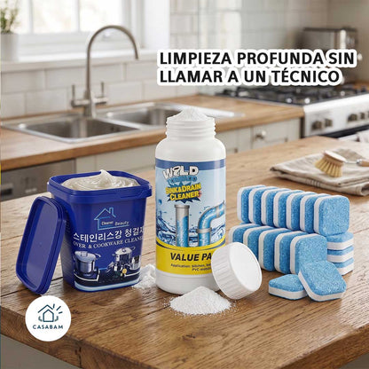 Kit Limpieza Total 3 en 1 - Limpia a fondo lavadora, cañerías y ollas - sin pagar técnico ni plomero