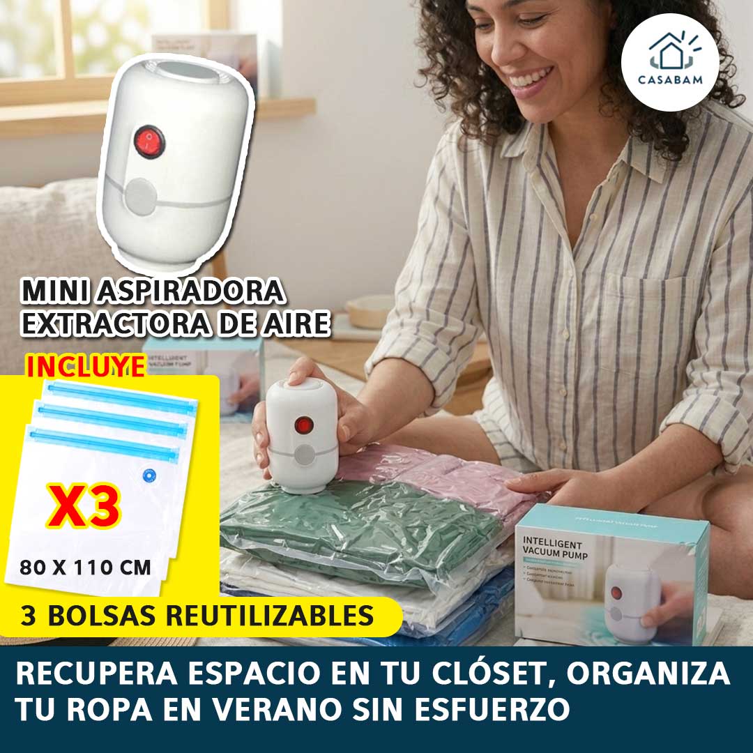Mini Aspiradora Extractora de Aire – Comprime ropa en segundos – Ahorra espacio en viajes, clóset y aventuras sin esfuerzo