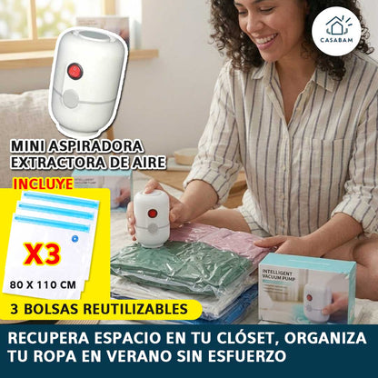 Mini Aspiradora Extractora de Aire – Comprime ropa en segundos – Ahorra espacio en viajes, clóset y aventuras sin esfuerzo