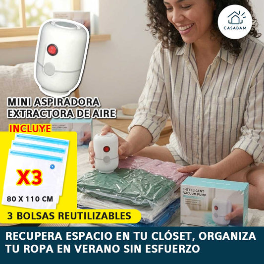 Mini Aspiradora Extractora de Aire – Comprime ropa en segundos – Ahorra espacio en viajes, clóset y aventuras sin esfuerzo