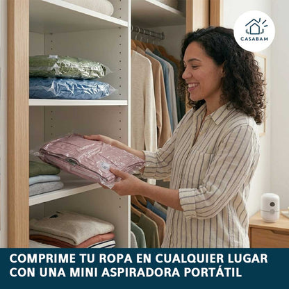 Mini Aspiradora Extractora de Aire – Comprime ropa en segundos – Ahorra espacio en viajes, clóset y aventuras sin esfuerzo