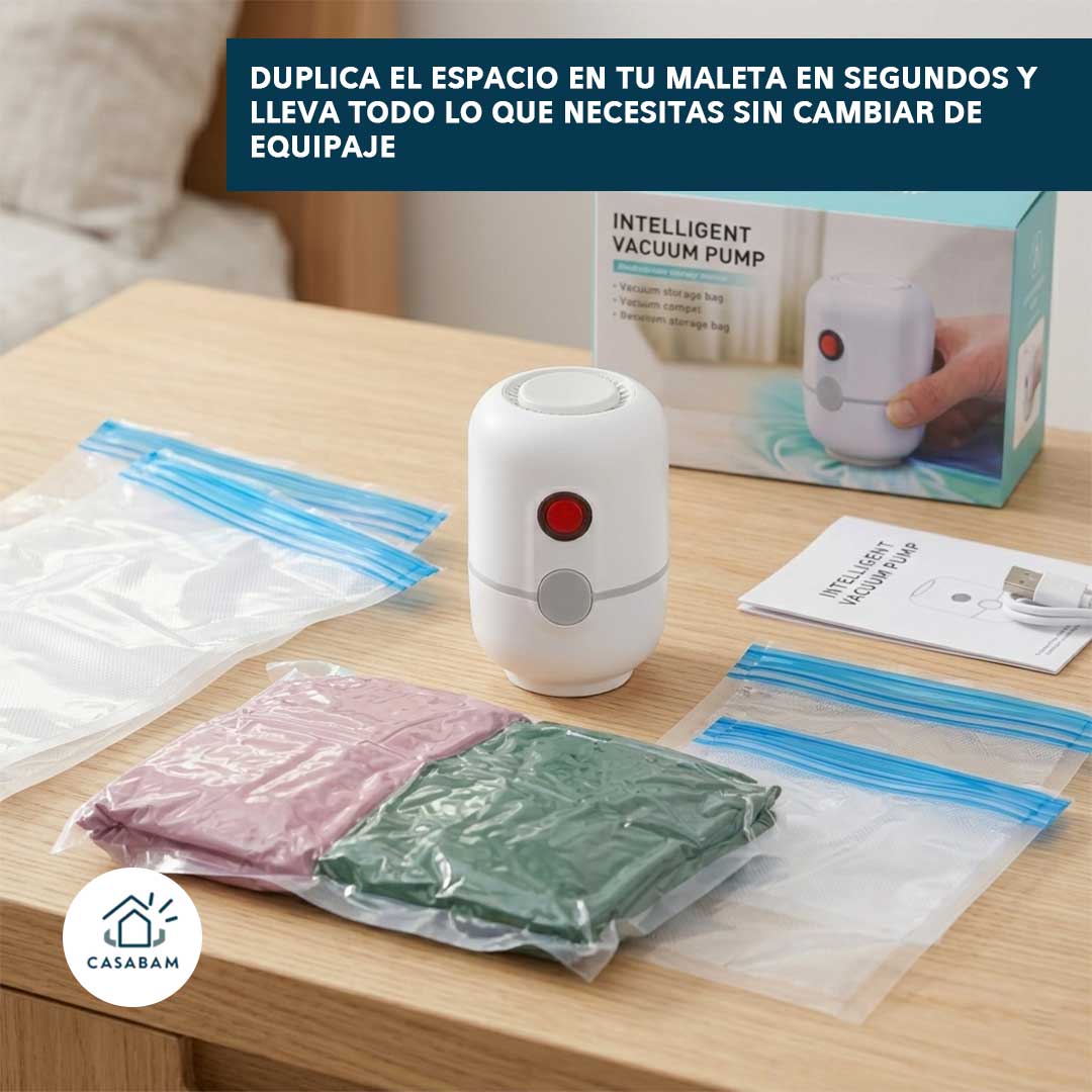 Mini Aspiradora Extractora de Aire – Comprime ropa en segundos – Ahorra espacio en viajes, clóset y aventuras sin esfuerzo