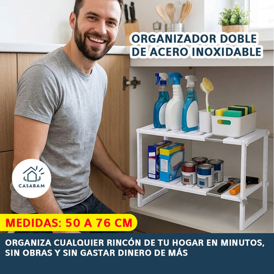 Organizador de Acero Inoxidable - Duplica el espacio de almacenamiento en cualquier armario, baño o rincón.