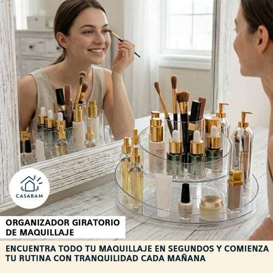 Organizador Transparente Giratorio de Maquillaje – Protege y organiza tus productos – Encuentra todo en segundos cada mañana