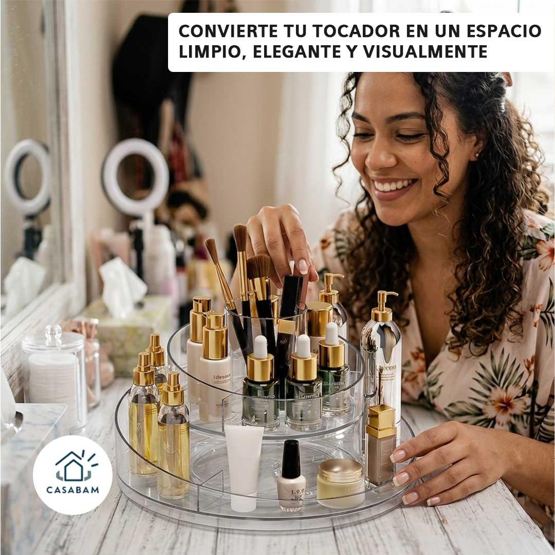 Organizador Transparente Giratorio de Maquillaje – Protege y organiza tus productos – Encuentra todo en segundos cada mañana