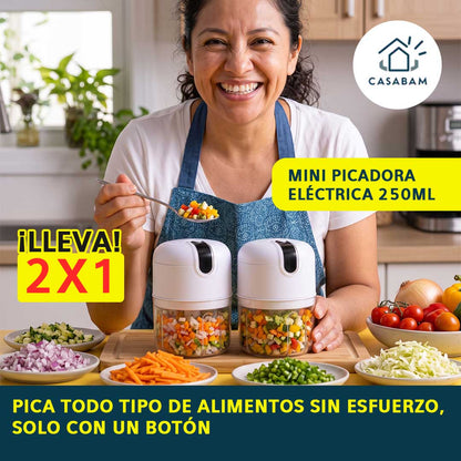 Pack 2 Mini Picadora Eléctrica 250ML - Pica todo tipo de alimentos sin esfuerzo - Un botón y se acabó el picar a mano