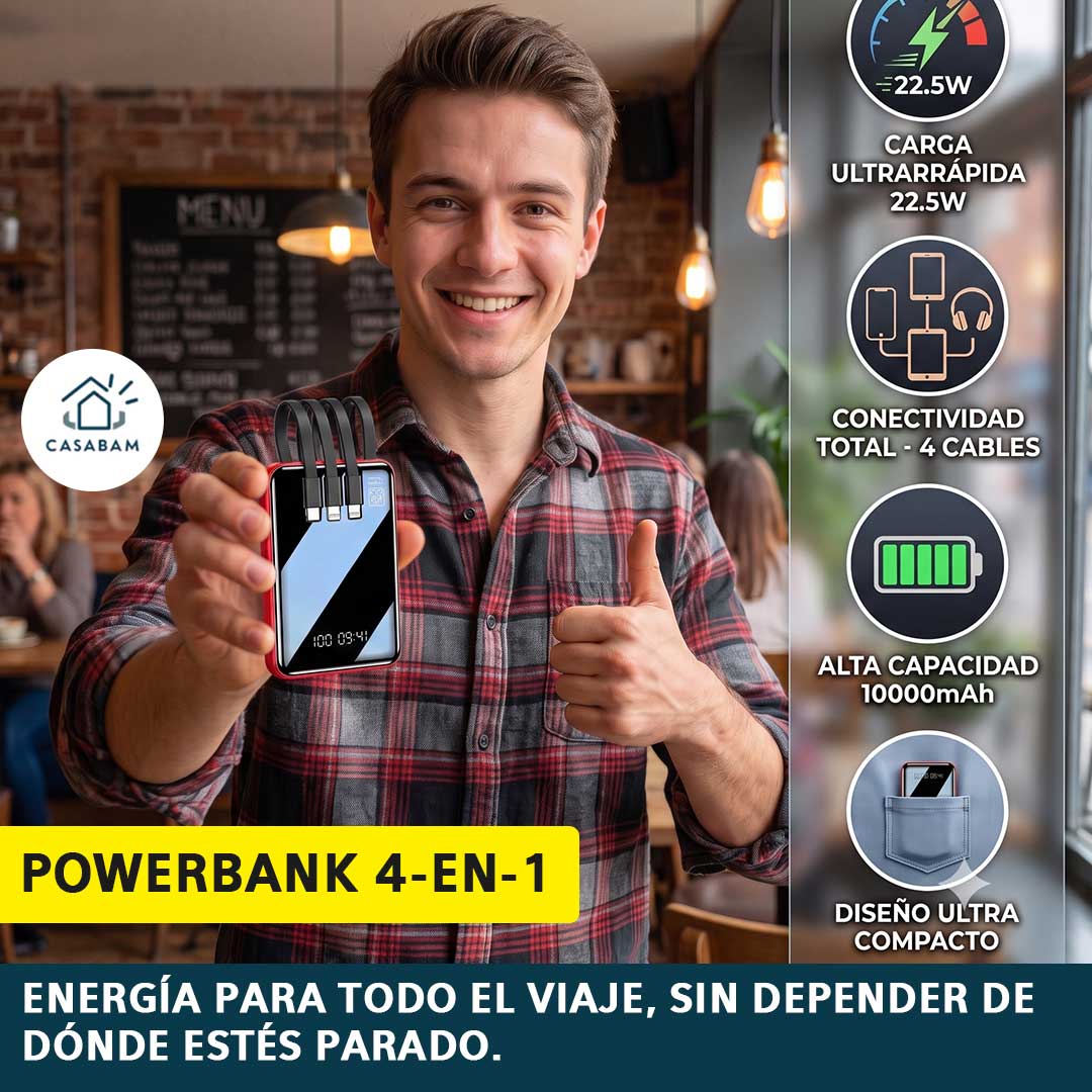 PowerBank 4-en-1 - Carga todo sin cables de más - Nunca más sin batería cuando más lo necesitas.