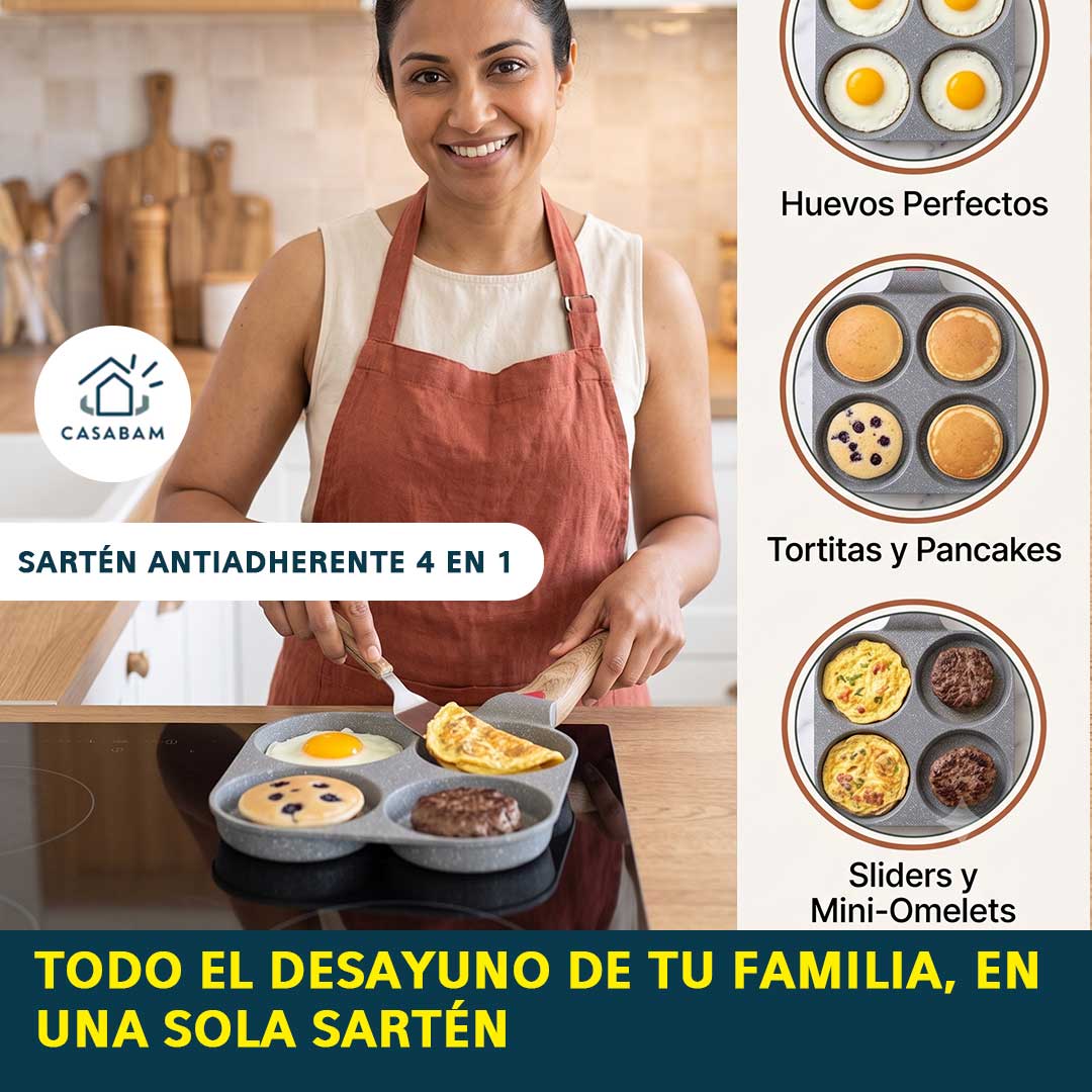 Sartén Antiadherente 4 en 1 - Cocina distintos alimentos en compartimentos separados - Todo tu desayuno familiar