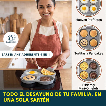 Sartén Antiadherente 4 en 1 - Cocina distintos alimentos en compartimentos separados - Todo tu desayuno familiar