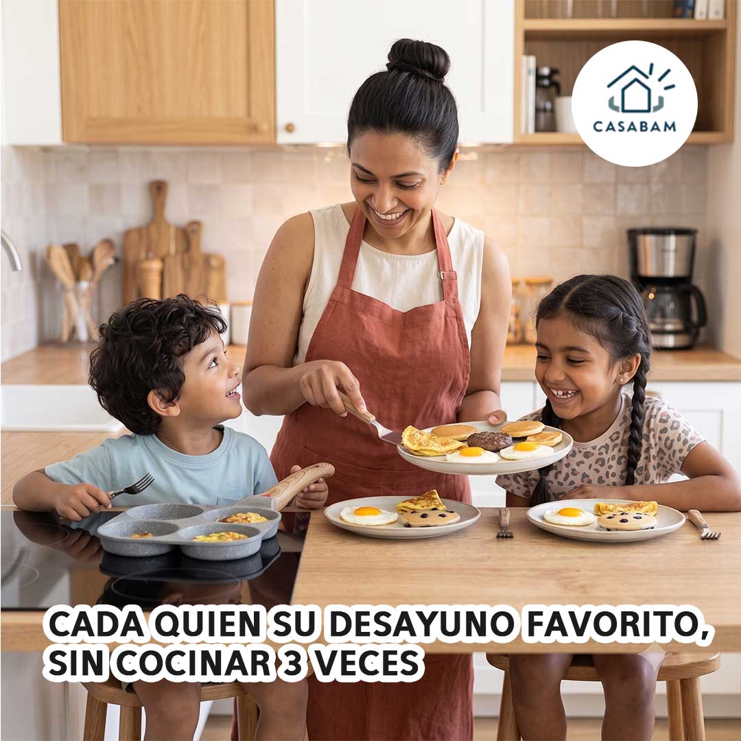Sartén Antiadherente 4 en 1 - Cocina distintos alimentos en compartimentos separados - Todo tu desayuno familiar