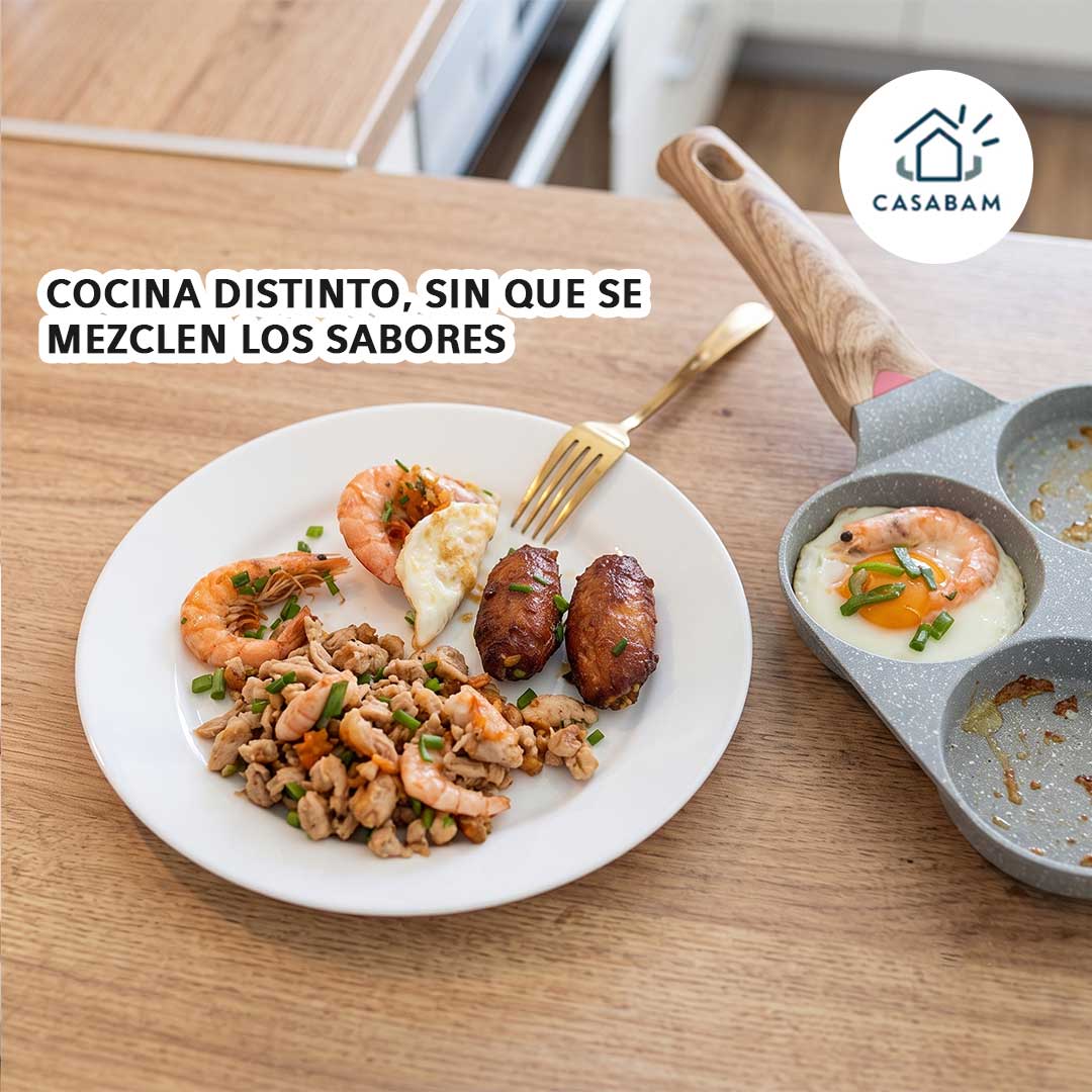 Sartén Antiadherente 4 en 1 - Cocina distintos alimentos en compartimentos separados - Todo tu desayuno familiar