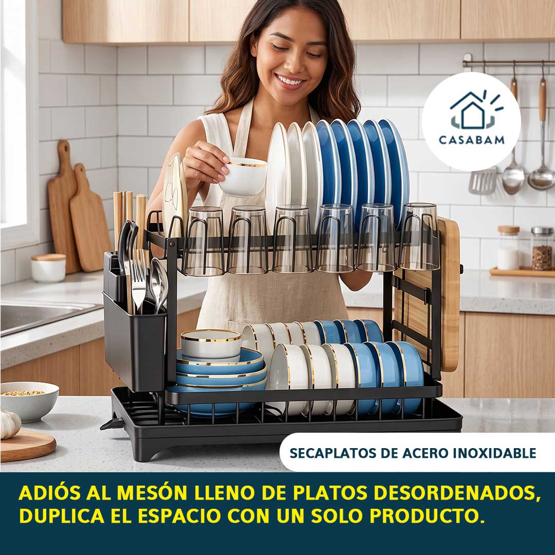 Secaplatos de Acero Inoxidable - Duplica el espacio para secar tu loza - Adiós a los platos y vasos amontonados
