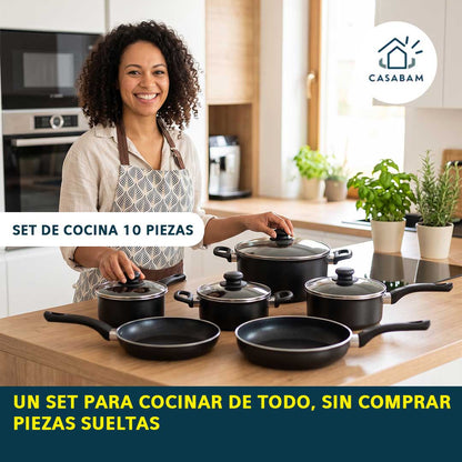 Set de Cocina 10 Piezas - Ollas y sartenes para cocinar de todo - Equipa tu cocina completa en un solo pedido