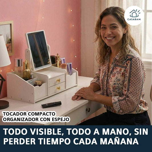 Tocador Compacto Organizador con Espejo –  Aprovecha al máximo espacios pequeños con almacenamiento práctico y espejo integrado
