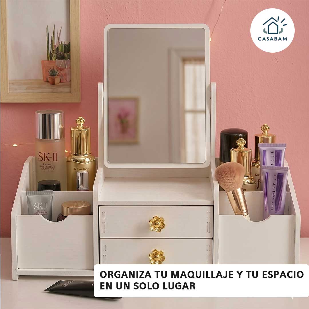 Tocador Compacto Organizador con Espejo –  Aprovecha al máximo espacios pequeños con almacenamiento práctico y espejo integrado