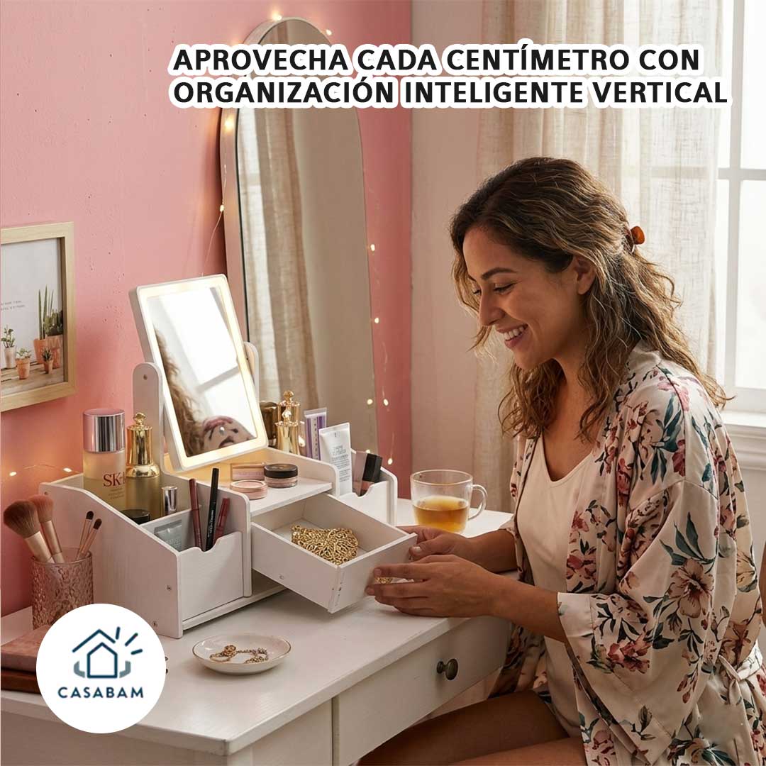 Tocador Compacto Organizador con Espejo –  Aprovecha al máximo espacios pequeños con almacenamiento práctico y espejo integrado