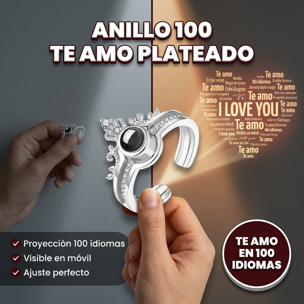 Anillo 100 te amo plateado - Cien idiomas para decirle a tu persona especial cuanto la amas.