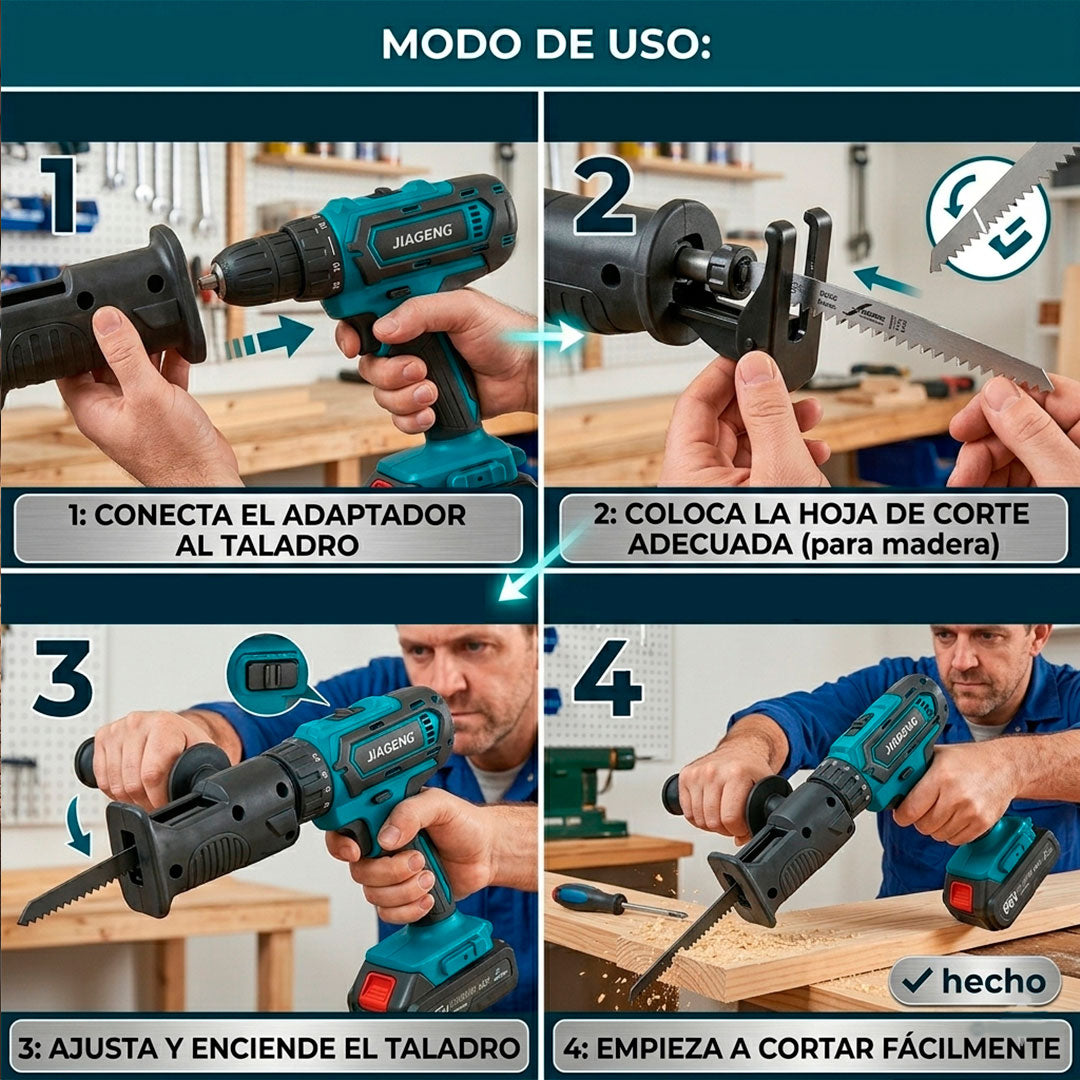 Combo Taladro + Adaptador Sierra – Corte Preciso Inmediato – Reemplaza herramientas costosas con un solo kit listo para usar