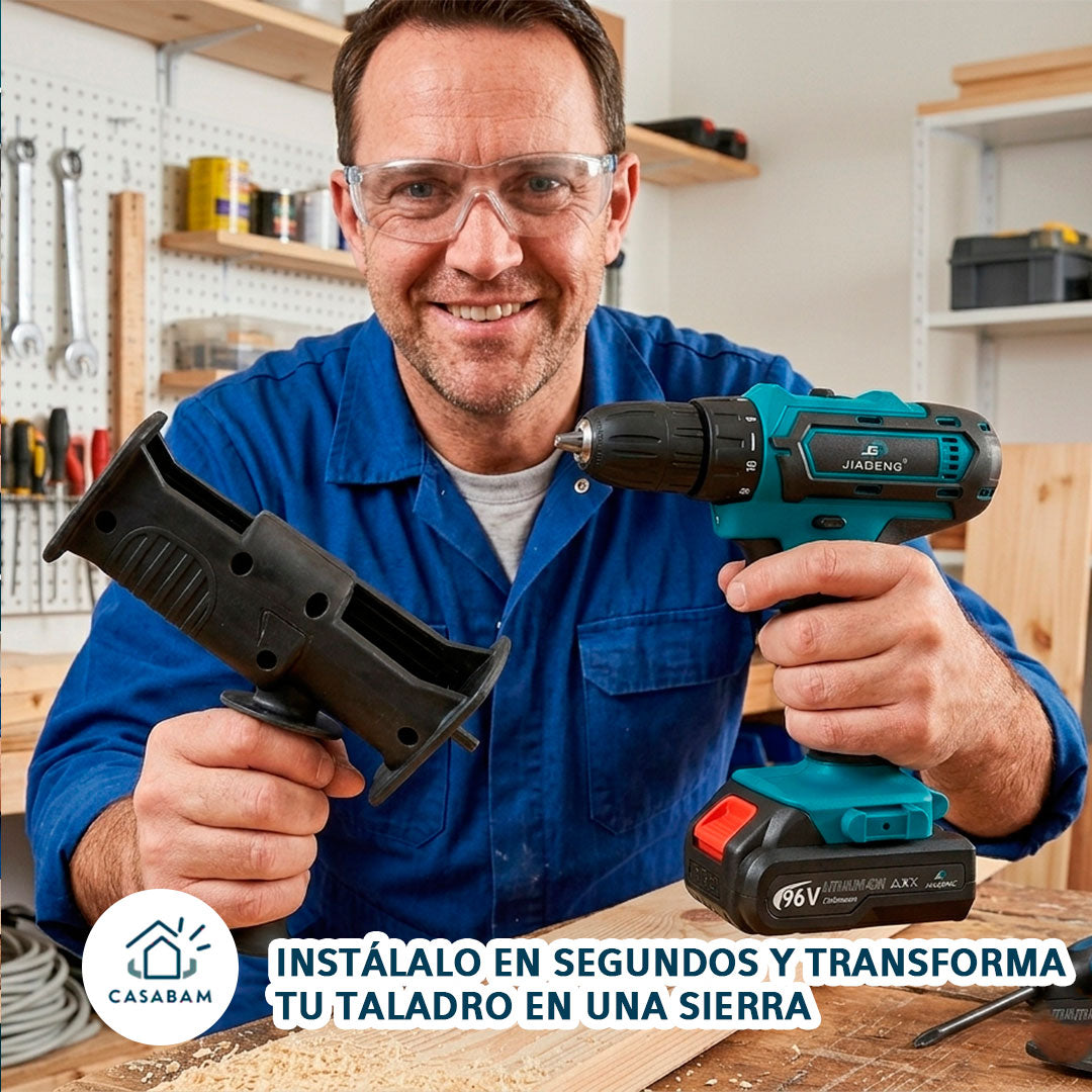 Combo Taladro + Adaptador Sierra – Corte Preciso Inmediato – Reemplaza herramientas costosas con un solo kit listo para usar